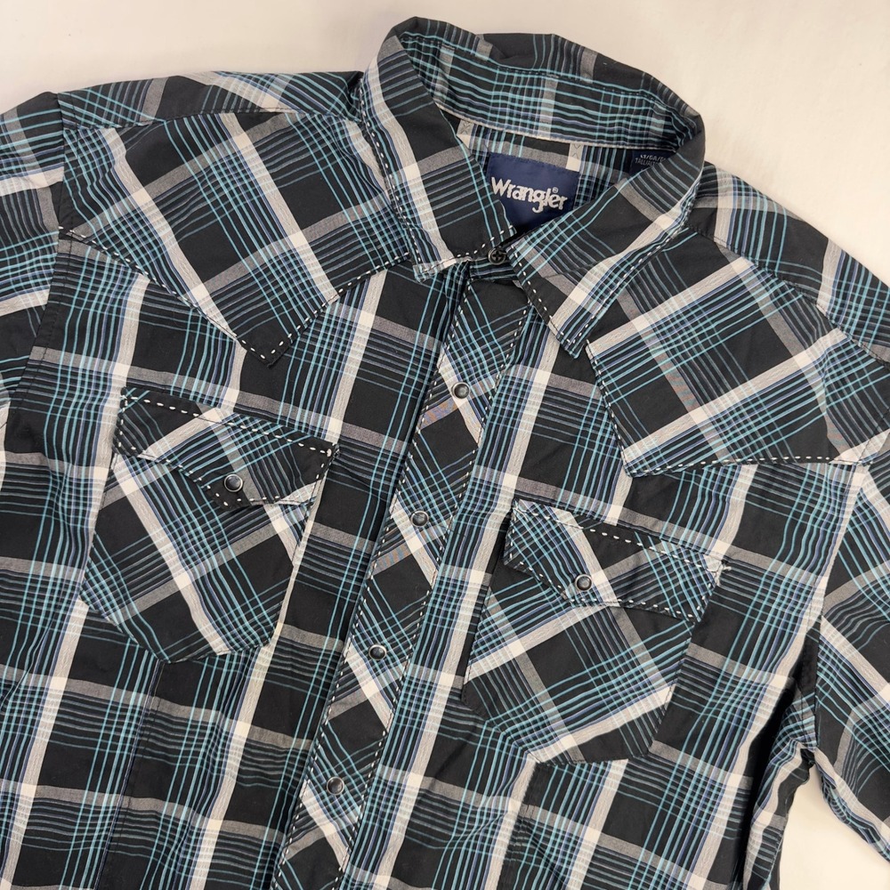 Wrangler Shirt Mens Large Tall LT Blue Black Pearl Snap Short Sleeve Button Down